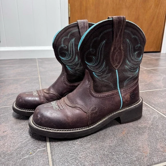Ariat Brown Leather Western Heeled Boots with Turquoise Stitching - Picture 16 of 16